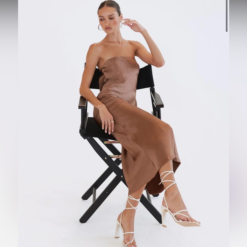 Pincess Polly Haley Maxi Midi Dress in Satin Silk Brown
